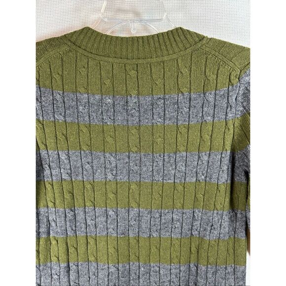 LOFT Green Gray Striped Sweater Women’s L Wool Blend V-Neck Cable Knit Soft Cozy - Picture 10 of 11